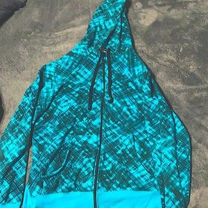 Blue and Black hoodie with in garment headphones